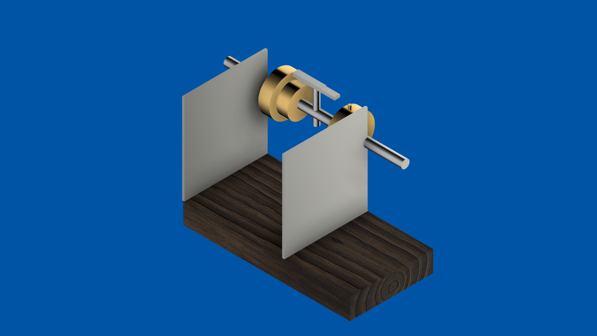 Figure 2 — Version 1.0 of the bench rig, with the radial carry pin. The sautoir arm ends short of the pin's sweep; no rotation of the drum brings the two into contact.