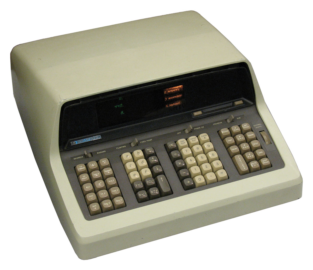 Figure 4 — A Hewlett-Packard 9100A of 1968 at the Vintage Computer Festival in 2007. The three-line CRT is behind the dark window above the keys.