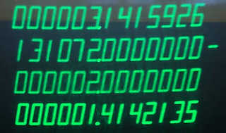 Figure 2 — The display of a Friden EC-132: four registers of thirteen digits, drawn on the tube as slanted "pieces of eight". The top line holds 3.1415926, the bottom the square root of 2.