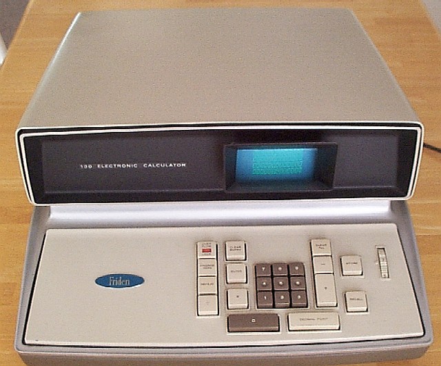 Figure 8 — A Friden EC-130. The model tag to the left of the tube reads "130 Electronic Calculator"; the decimal-point thumbwheel is at the right of the keyboard.
