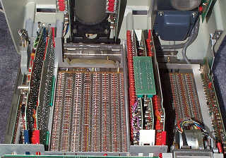 Figure 6 — Inside an HP 9100B: the boards stand on edge round the multilayer motherboard.