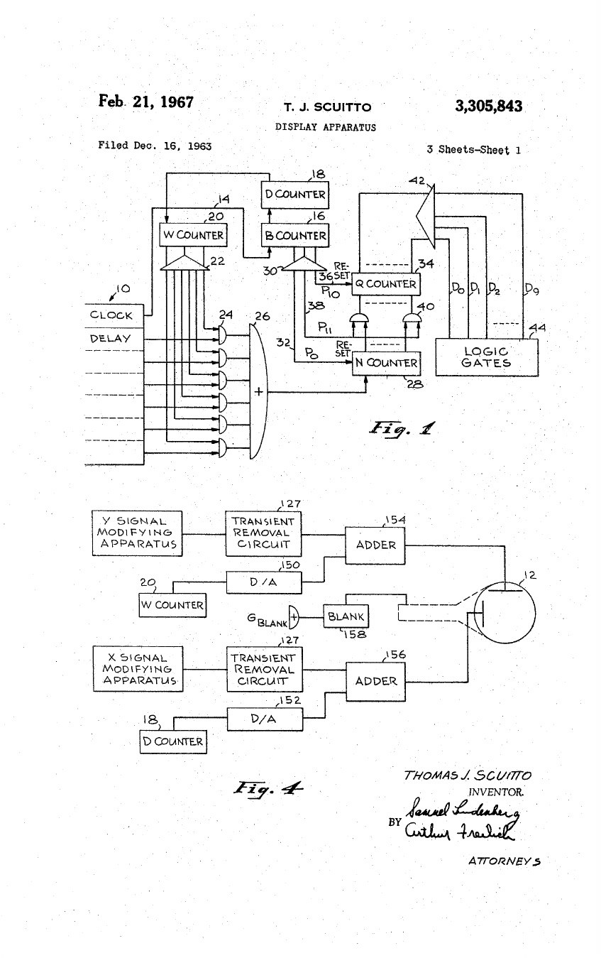 Figure 15 — Scuitto's Wyle display patent: the clock, bit, digit and word counters, the pulse counter and logic gates, the sine-cosine generator, and the adders and transient suppressors feeding the CRT.