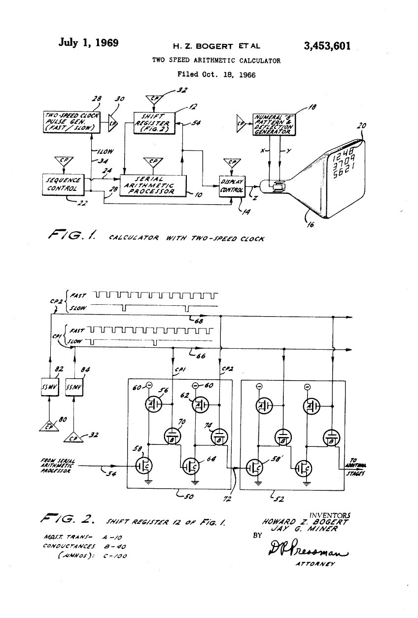 Figure 11 — Bogert and Miner's patent: the calculator with its two-speed clock, the shift registers and serial arithmetic processor, and the display control driving the CRT, with the MOS shift-register stage b…