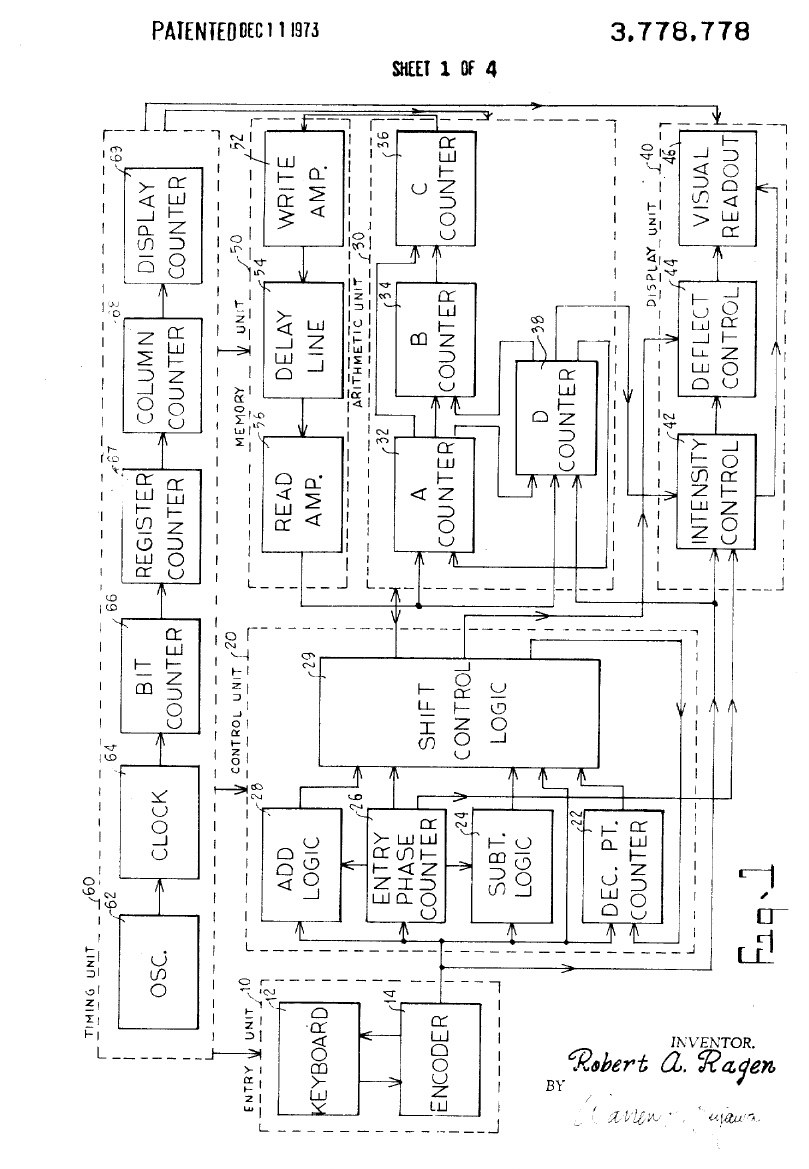 Figure 15 — The block diagram in Ragen's patent: oscillator, bit, register and column counters, the delay line with its write and read amplifiers, the A, B, C and D counters, the keyboard, and the display gene…