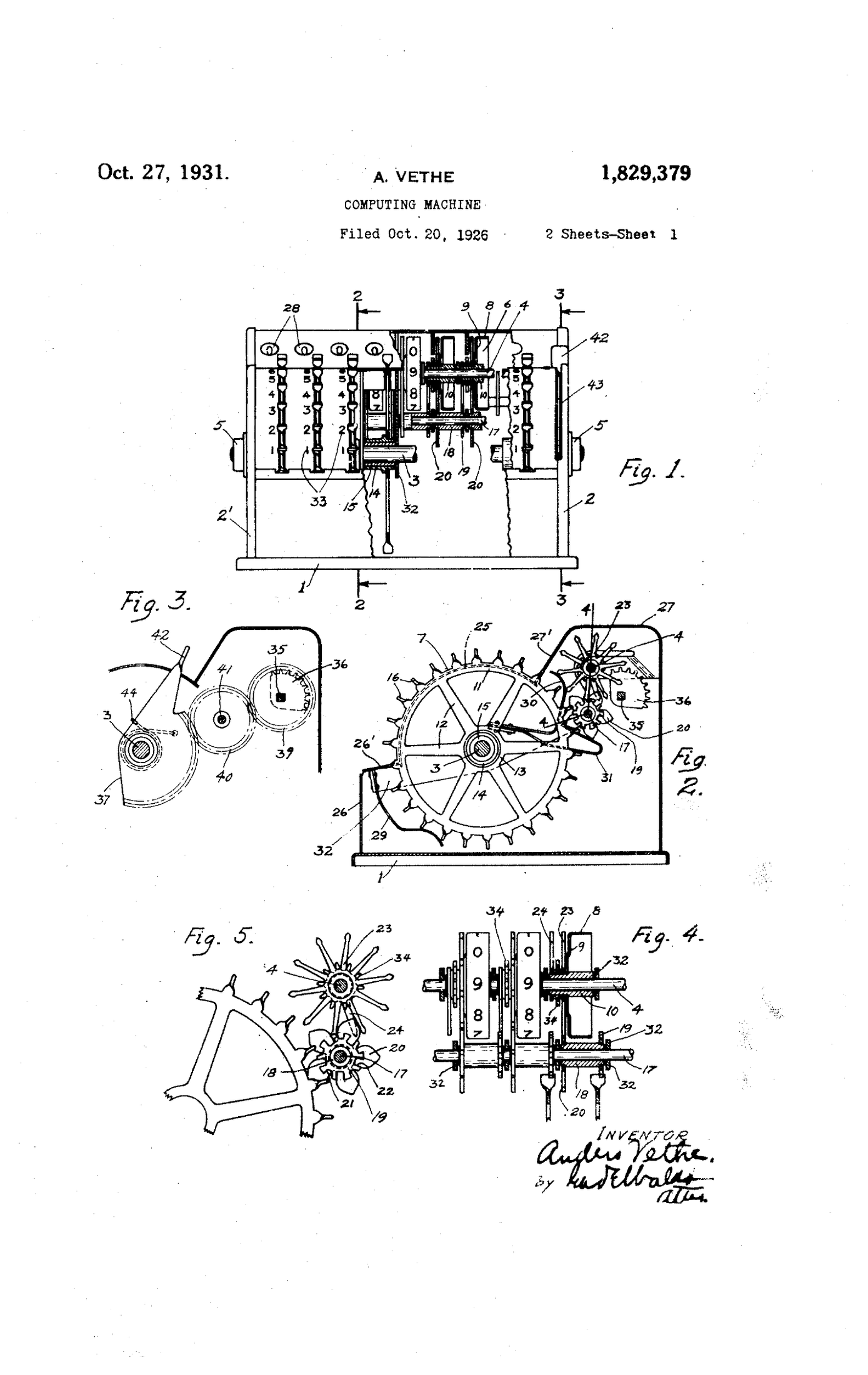Figure 4 — Vethe's earlier Addometer application, US patent 1,829,379 (filed 20 October 1926, granted 27 October 1931).