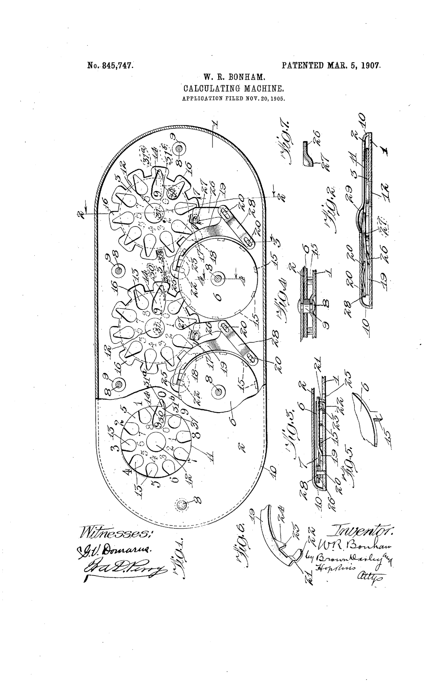 Figure 1 — The Lightning's direct ancestor: Walter R. Bonham's "Calculating-machine", US patent 845,747, filed 20 November 1905 and granted 5 March 1907. A row of stylus dials, each carrying two reversed ring…