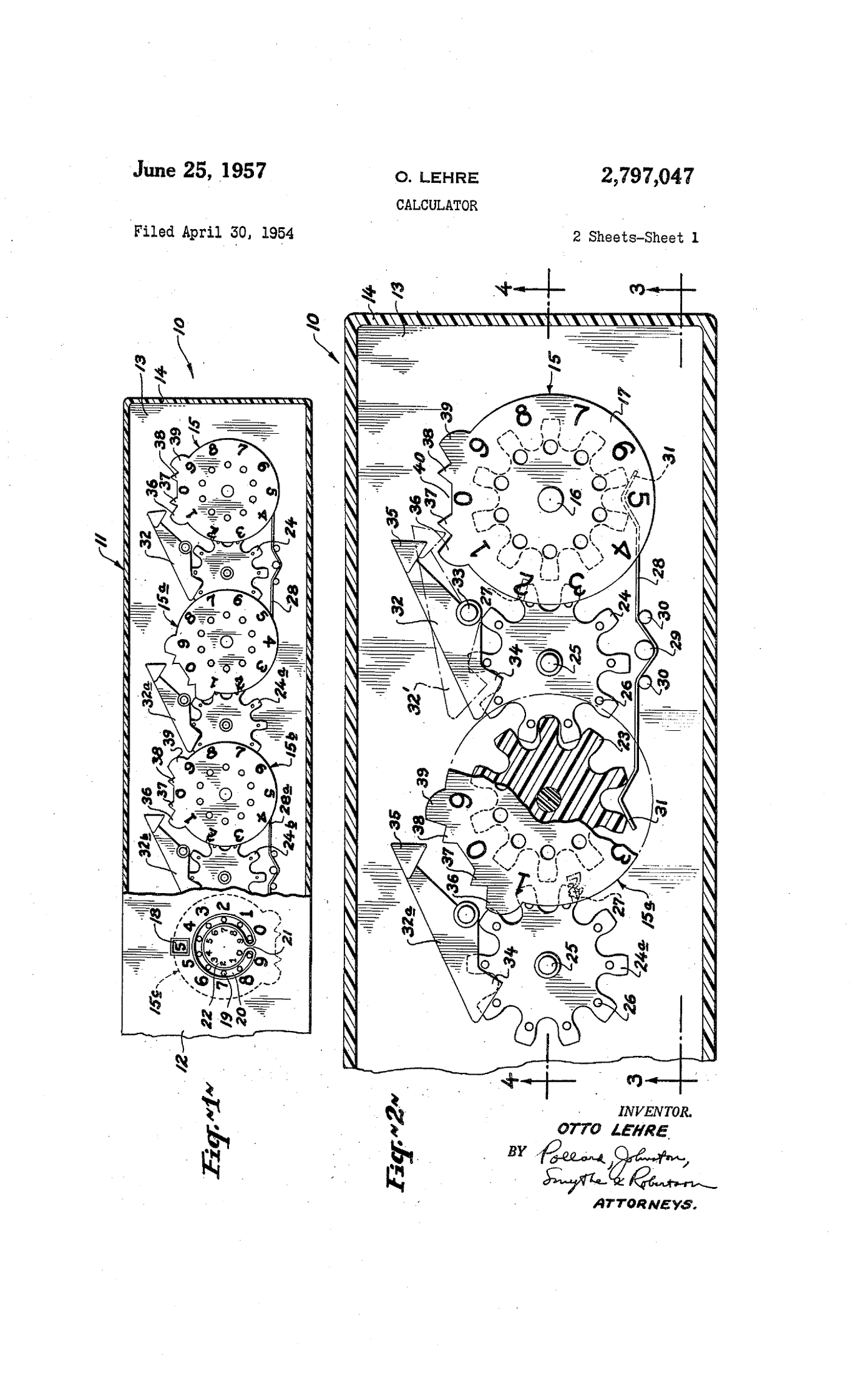 Figure 16 — Otto Lehre's "Calculator", US patent 2,797,047 (granted 25 June 1957): the Dial-A-Matic, sheet 1.