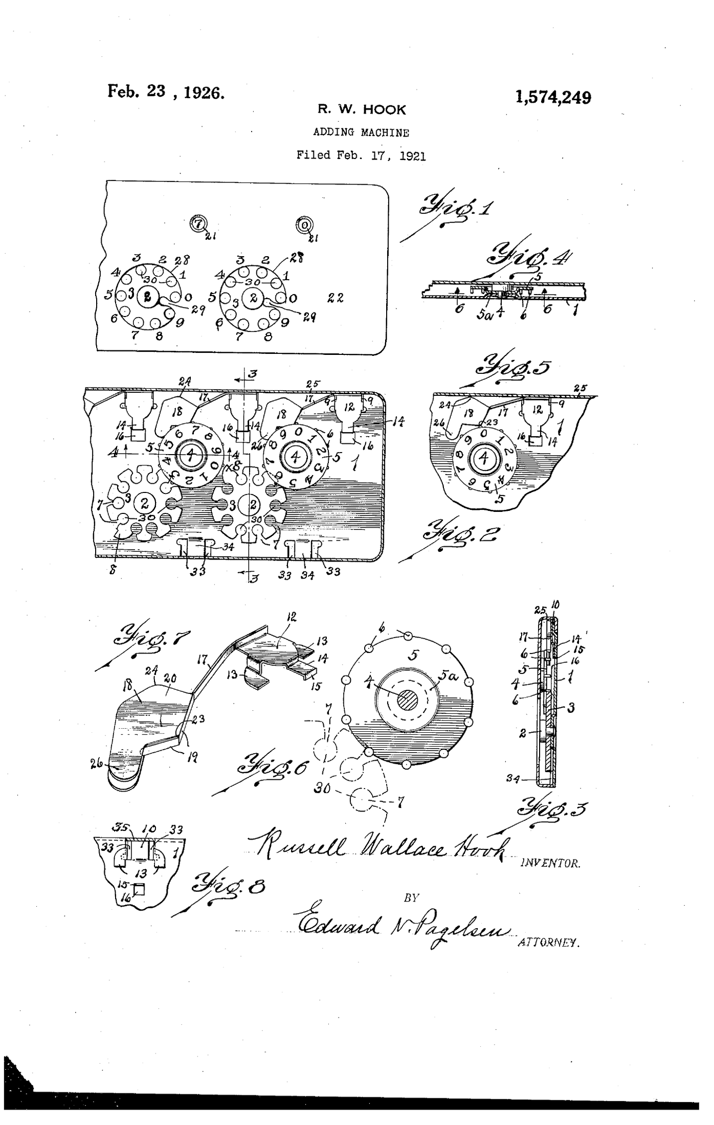 Figure 2 — Hook's patent drawing, for reading alongside the exploded view. Fig. 2 shows two actuators (2, 3, with holes 30 and notches 7, and one long tooth 8) and above them two numeral wheels (4, 5) with th…