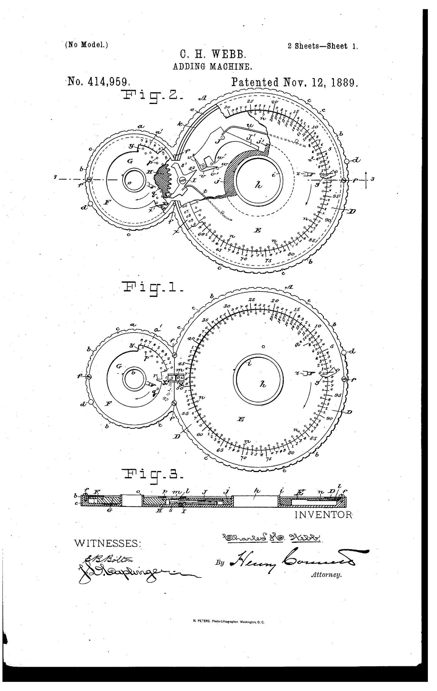 Figure 6 — Webb's improved adder of 1889, US patent 414,959, sheet 1. This is the form the Webb Adder took for its long production run, and the one the Detroit "Lightning Calculator" of 1900–02 copied.