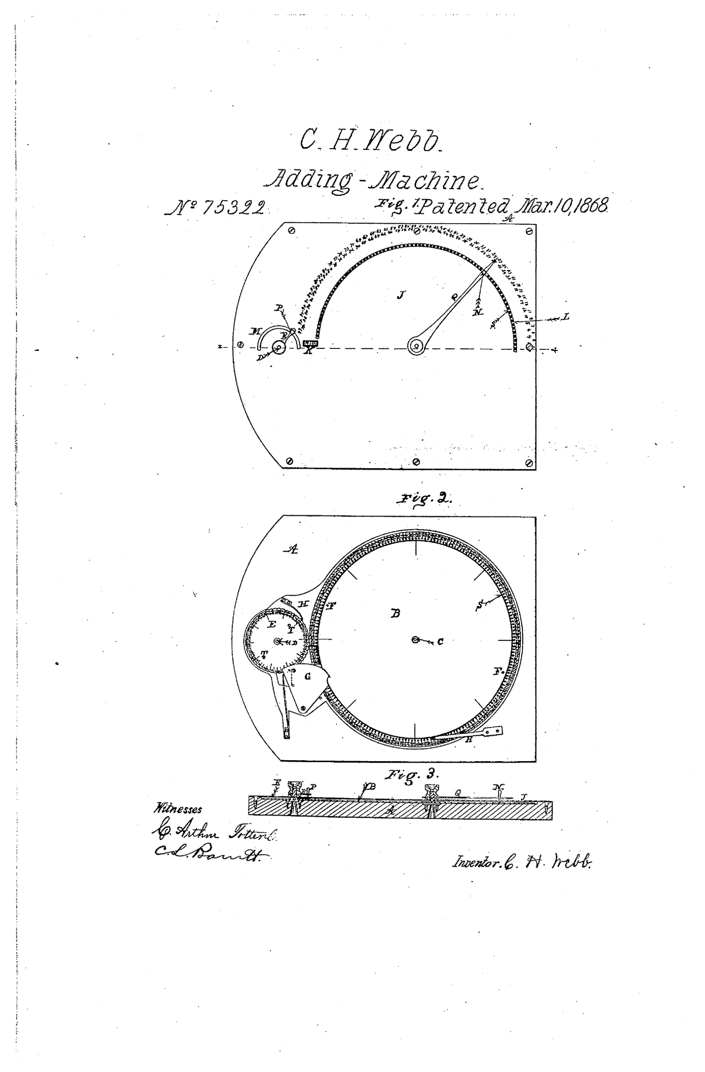 Figure 4 — Charles Henry Webb's first adding machine, US patent 75,322 of 10 March 1868. The large wheel is turned with a stylus; the smaller wheel counts the hundreds.