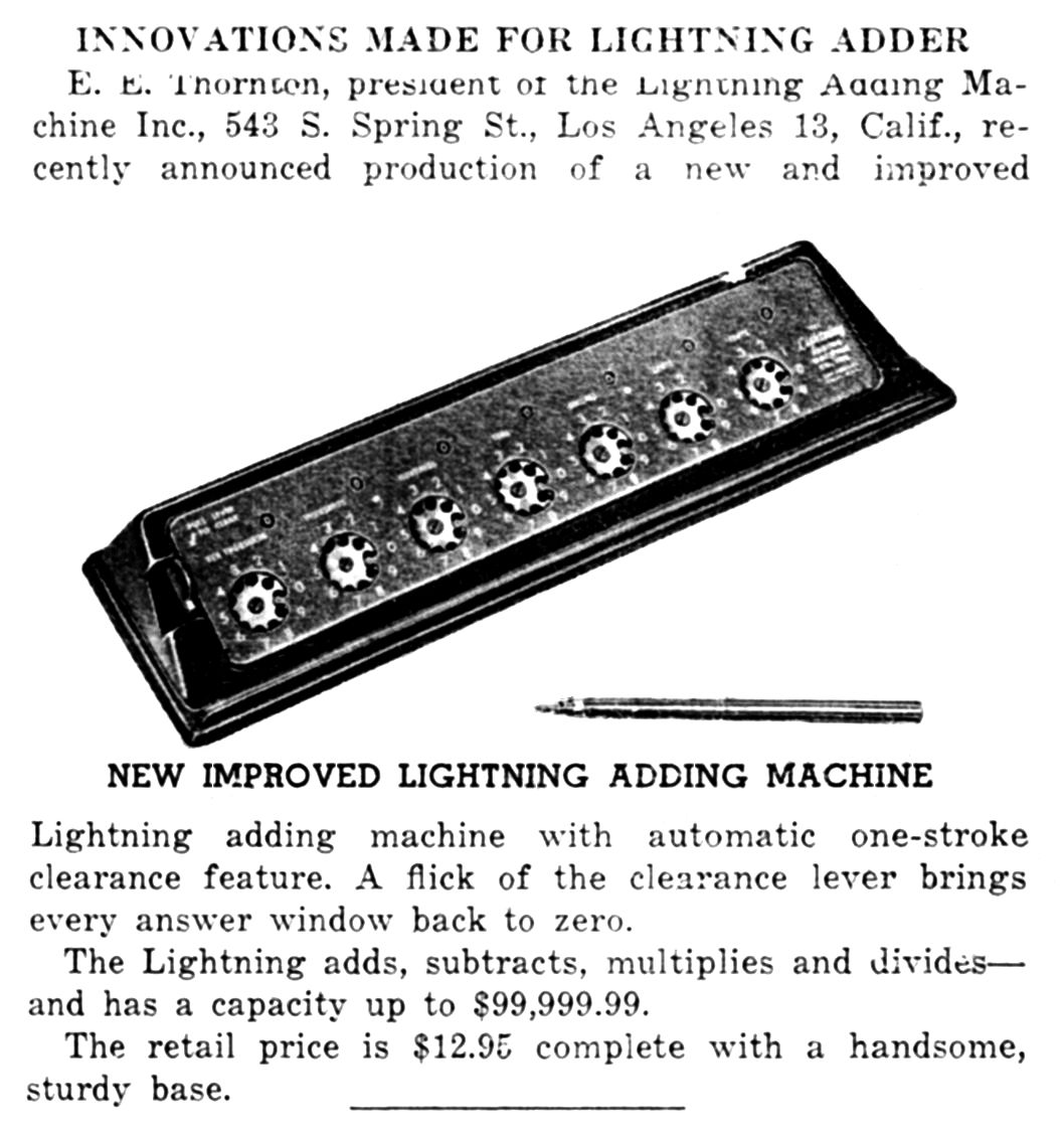 Figure 9 — June–July 1948: "Innovations made for Lightning adder". E. E. Thornton announces the new model with one-stroke clearance, still $12.95.