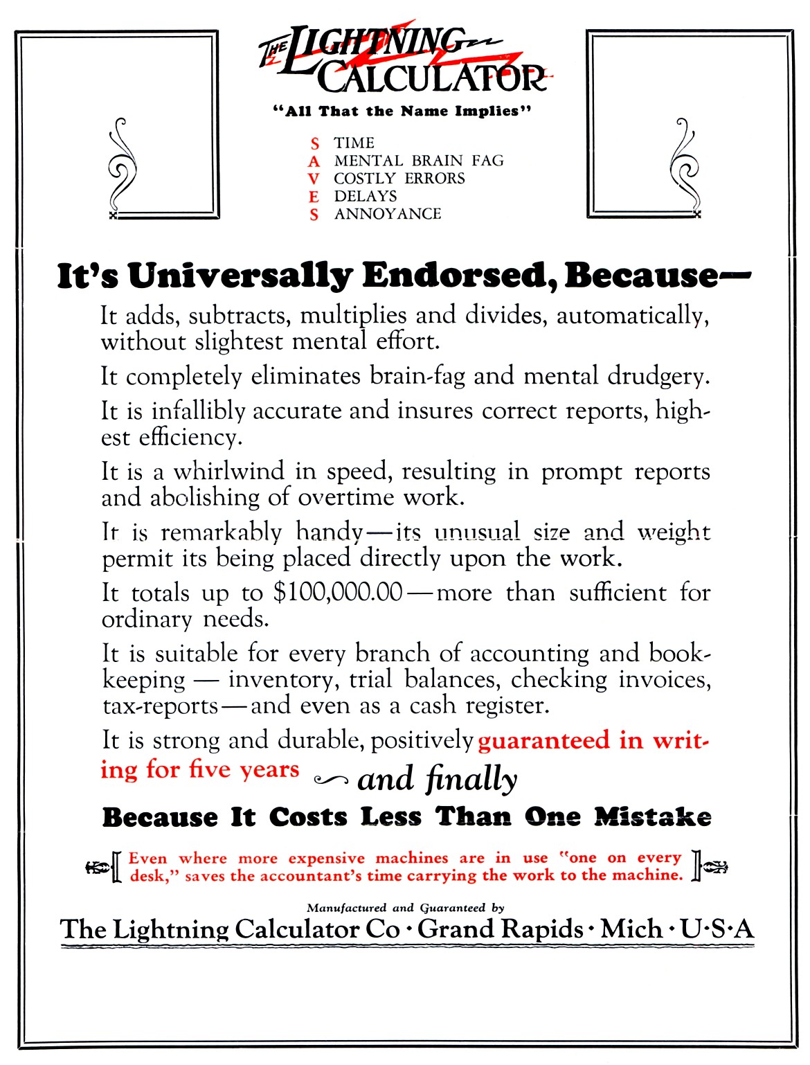 Figure 4 — A Grand Rapids sales sheet of about 1927: "It's Universally Endorsed, Because—"