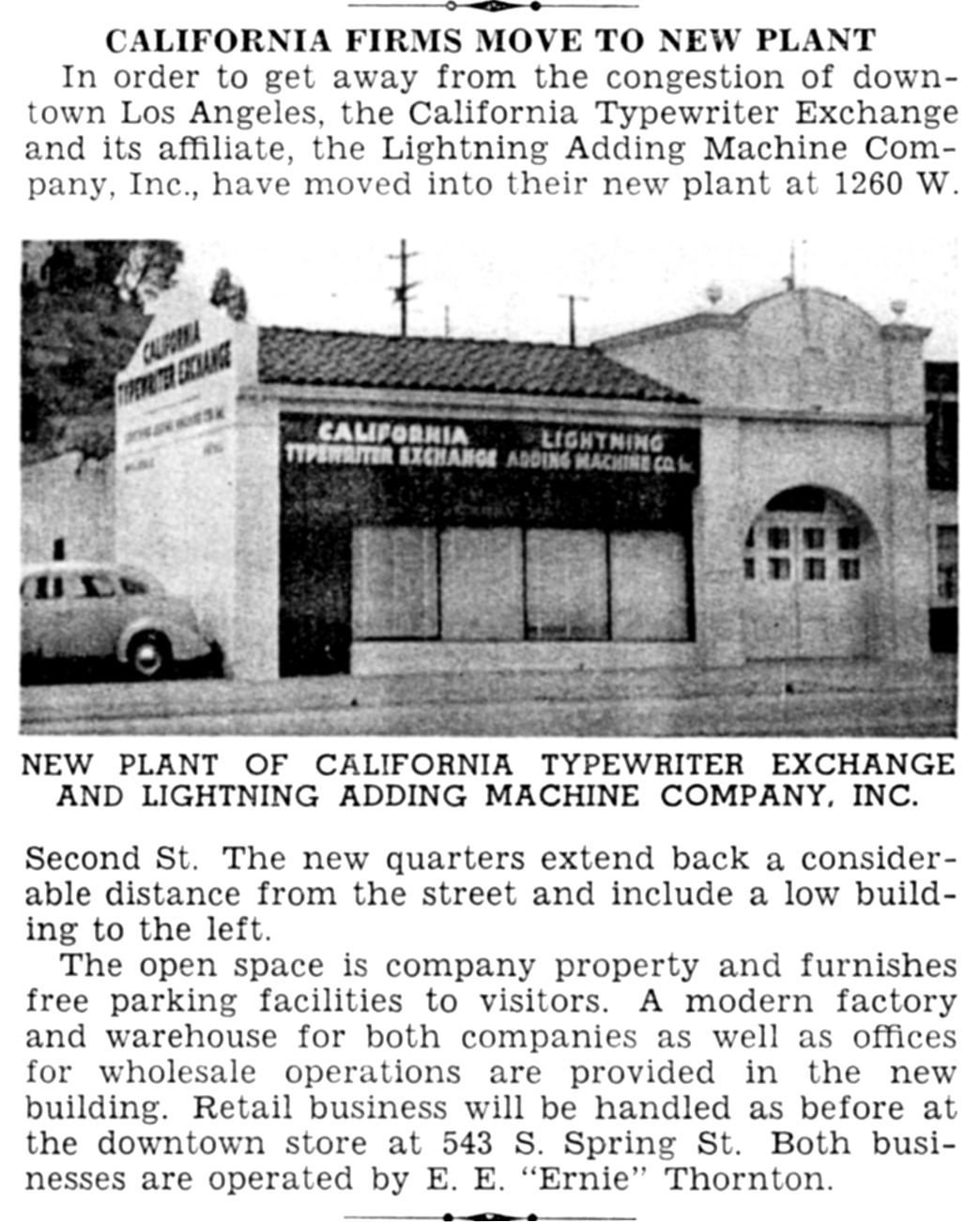 Figure 7 — "California firms move to new plant": the new building at 1260 West 2nd Street shared by the California Typewriter Exchange and the Lightning Adding Machine Co., from Office Appliances, October 1950.