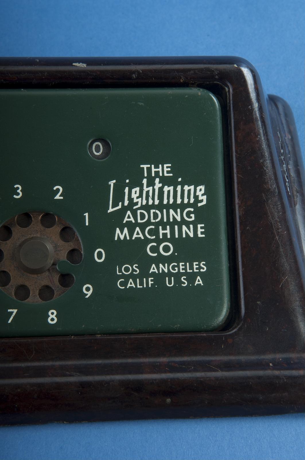 Figure 16 — The Smithsonian machine's nameplate: "THE Lightning ADDING MACHINE CO., LOS ANGELES CALIF. U.S.A."