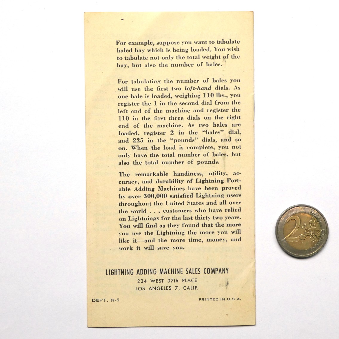 Figure 9 — The back of the later booklet: the bales-and-pounds example and "over 300,000 satisfied Lightning users… for the last thirty two years". Lightning Adding Machine Sales Company, 234 West 37th Place,…