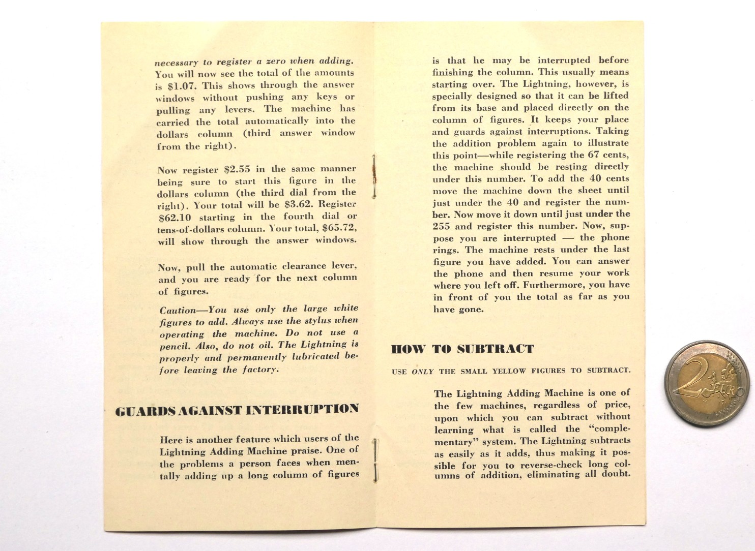Figure 5 — Inside the later booklet: the adding example to $65.72, "pull the automatic clearance lever", the caution to use only the large white figures to add, "Guards against interruption", and "How to subt…