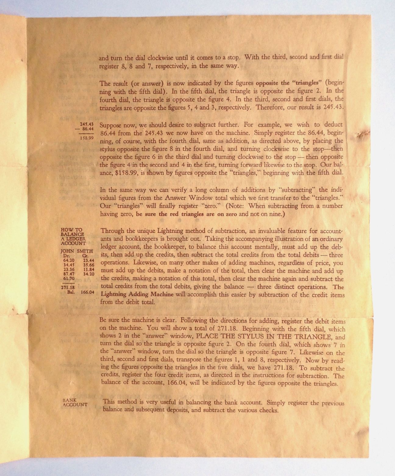 Figure 6 — Page 3 of the early leaflet: the subtraction result 245.43, the warning to keep the triangles "on zero and not on nine", and ledger and bank-account balancing.