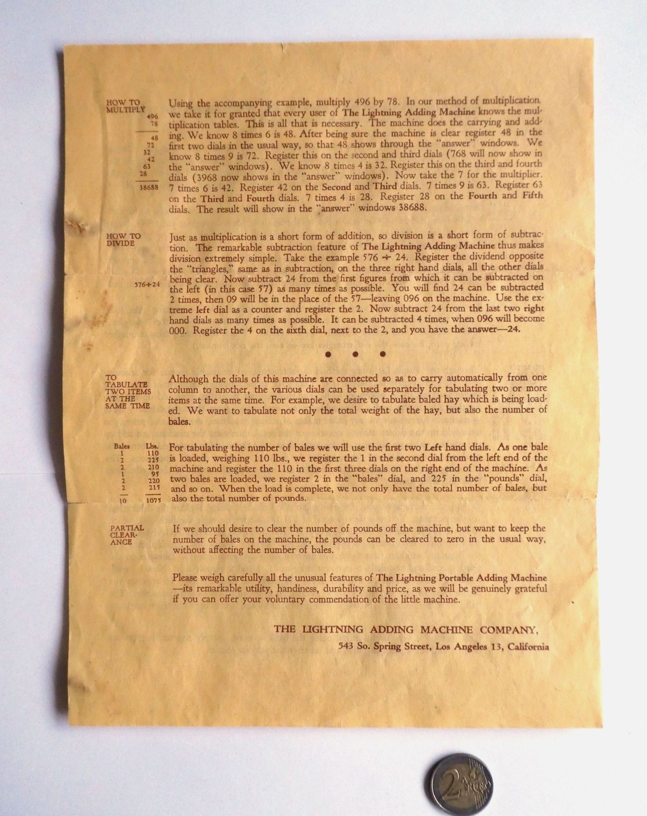 Figure 7 — Page 4 of the early leaflet: multiplication (496 × 78), division (576 ÷ 24), two items at once, and partial clearance. Imprint: The Lightning Adding Machine Company, 543 So. Spring Street, Los Ange…
