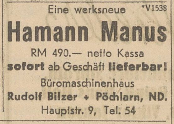 Figure 16 — "A brand-new Hamann Manus, RM 490.– net cash, available immediately from the shop": a dealer's advertisement in the Salzburger Volksblatt, 18 May 1940.