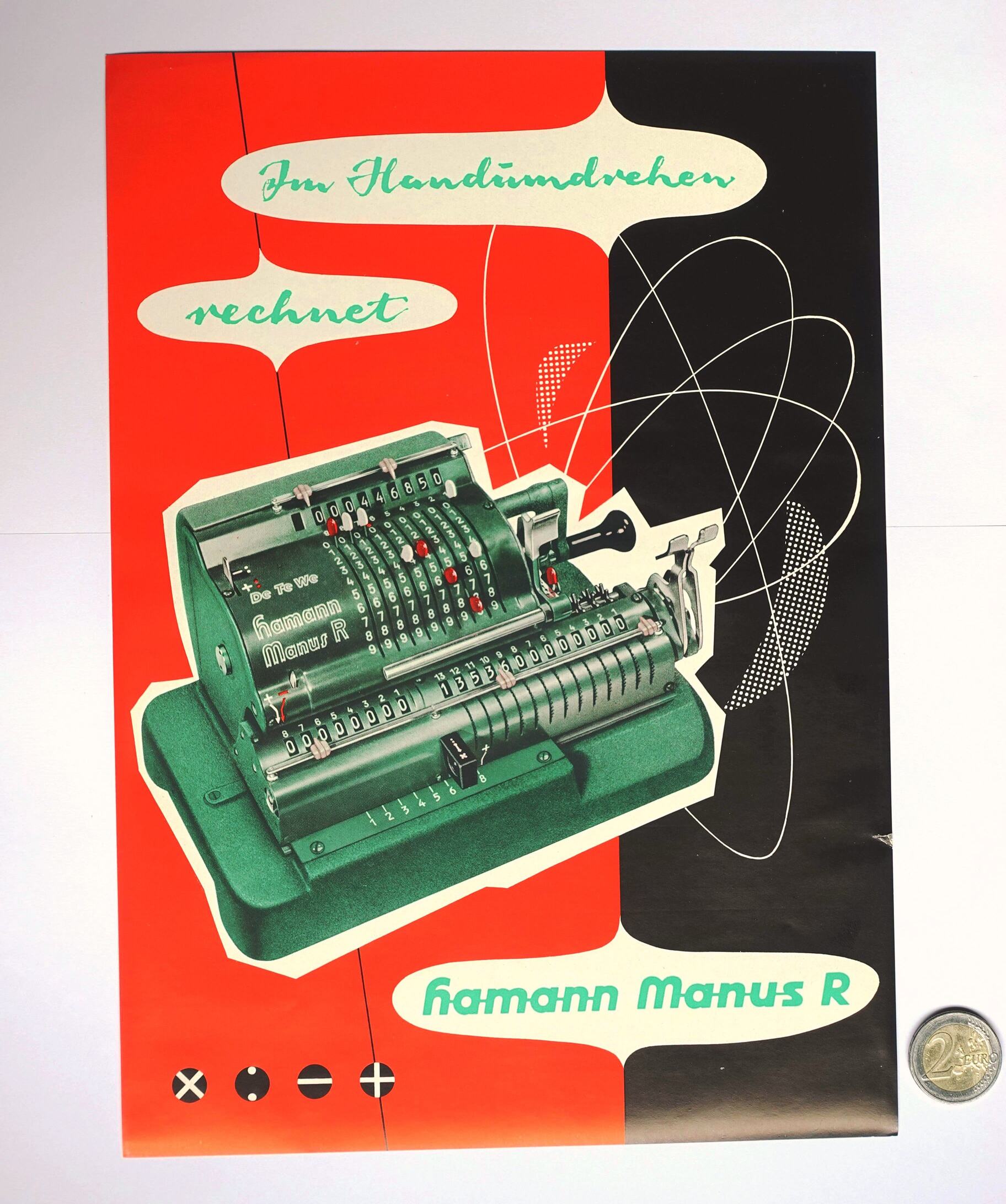 Figure 5 — "Im Handumdrehen rechnet…": a DeTeWe flyer for the Manus R, May 1954.