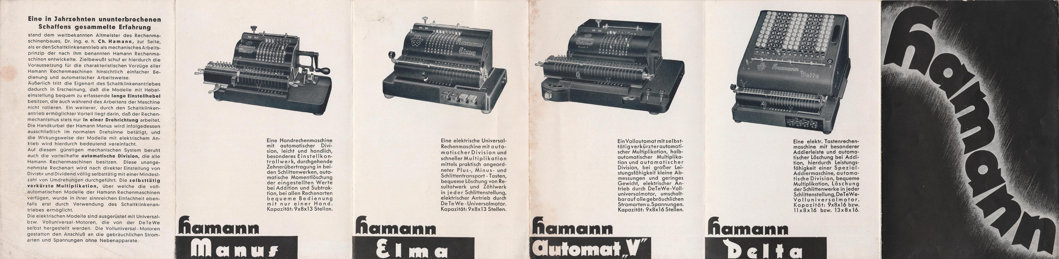 Figure 17 — A DeTeWe leaflet of about 1938 showing the Hamann range: the hand-cranked Manus beside the motor-driven Elma, the Automat V and the Delta.
