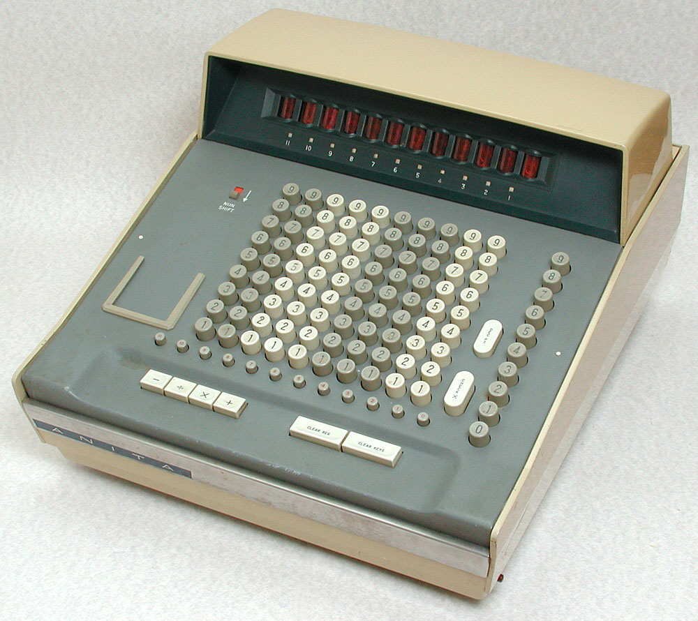 Figure 1 — The Sumlock ANITA Mk VIII of 1961, made by the Bell Punch Company in England: the first all-electronic desktop calculator to be sold, with twelve Nixie tubes behind the dark window above a full Com…