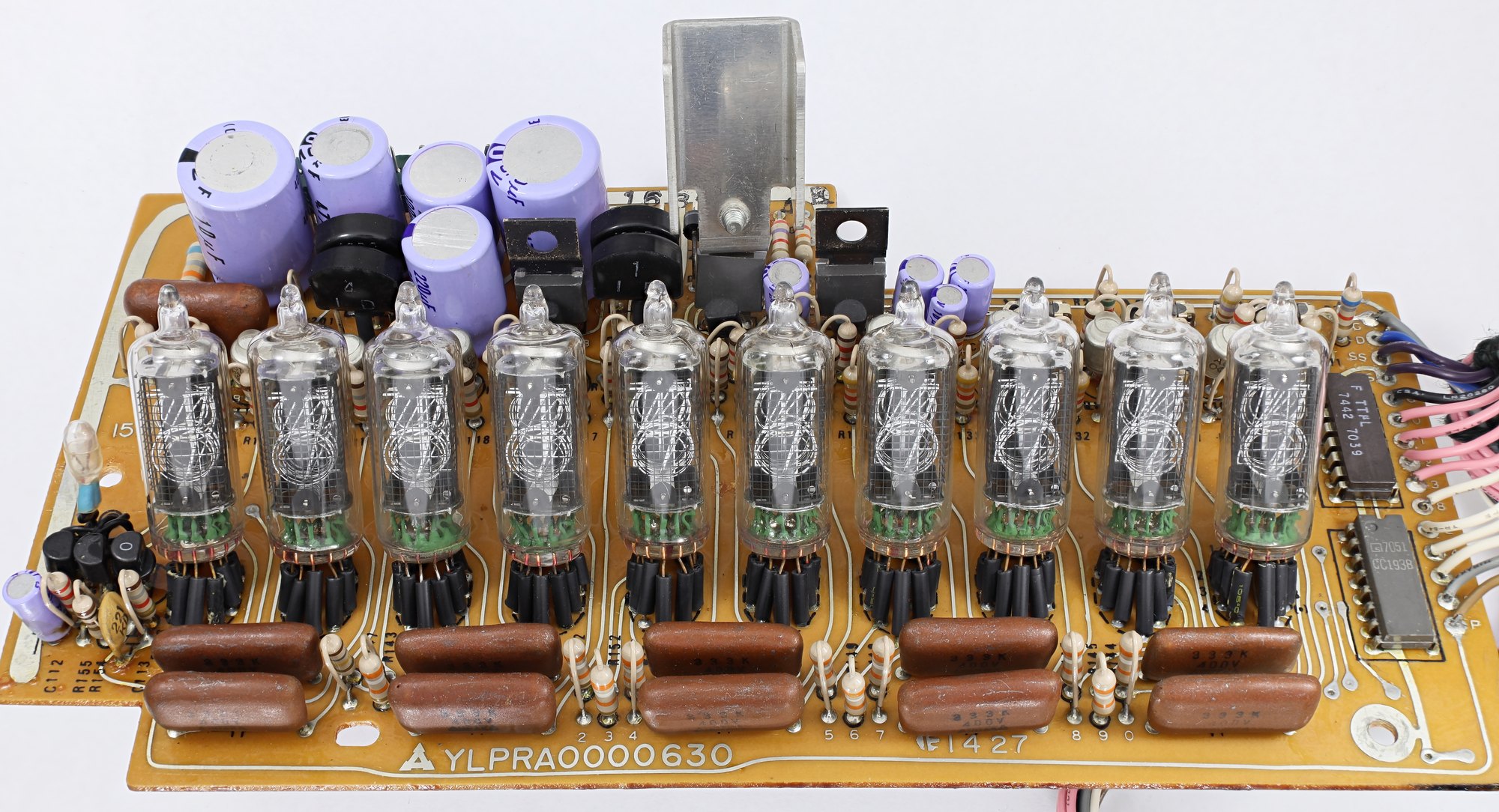 Figure 6 — The display board of an Olympia CD200 desk calculator: a row of Matsushita CD88P Nixie tubes with their decimal-point leads, soldered straight into the board.