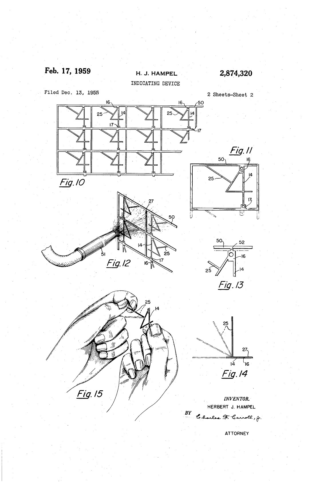 Figure 3 — Sheet 2 of the Hampel patent: how the numerals are photo-etched as a sheet of characters joined by tabs (Figs. 10 and 11), and how each is cut free and its tab bent to form a lead (Figs. 12 to 15).