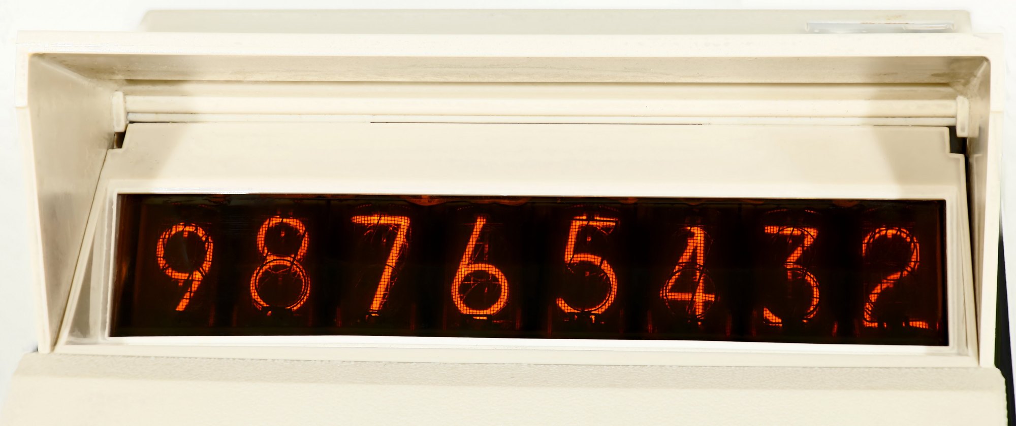 Figure 9 — Eight small Burroughs B-5750 Nixies, multiplexed, in an SCM Marchant F80 (Marchant I) of 1970, one of the very few battery-powered portable calculators with Nixie tubes.