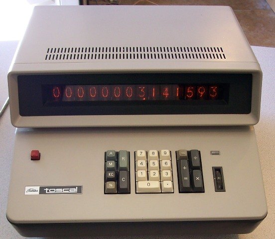 Figure 14 — A Toshiba TOSCAL BC-1411 of 1966: fourteen Nixies, and a memory built of discrete capacitors.
