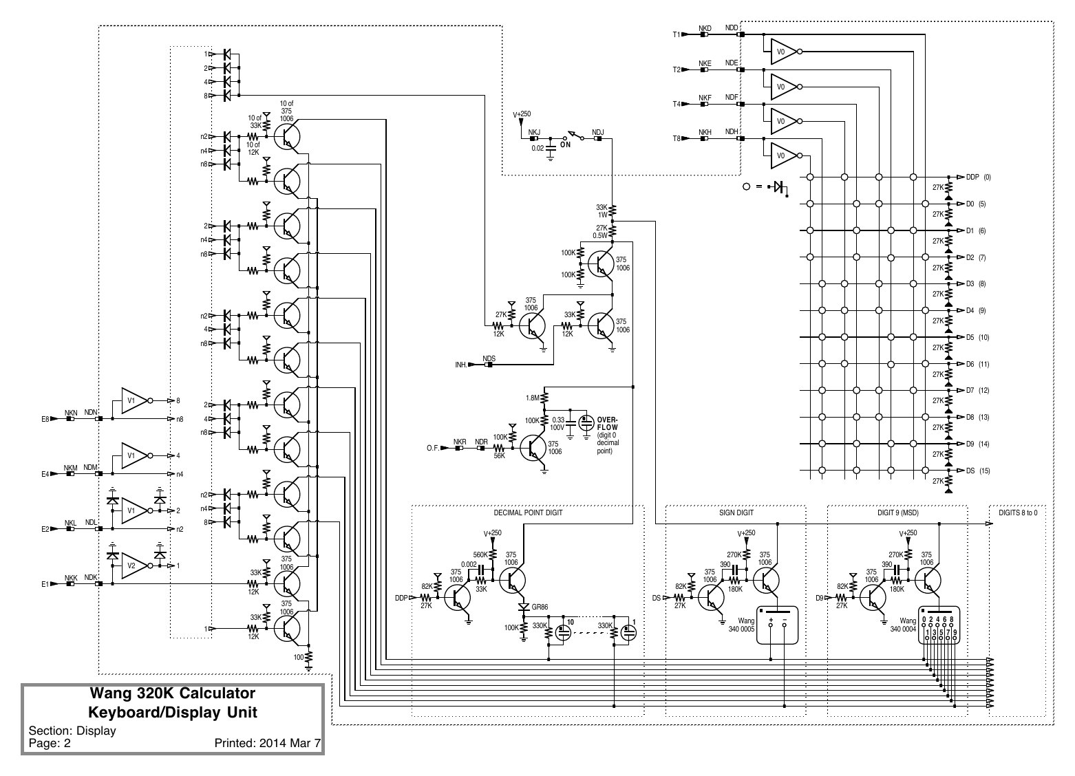 Figure 4 — The display section of the Wang 320K keyboard, drawn by Brent Hilpert from two working units: the BCD bit lines E1–E8, the diode decoding matrix and cathode transistors at left, the digit decoder a…