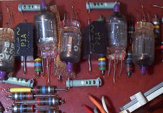 Figure 3 — Close-up of the ANITA's sub-miniature thyratrons, made by Hivac, and the selenium rectifiers used as logic gates.