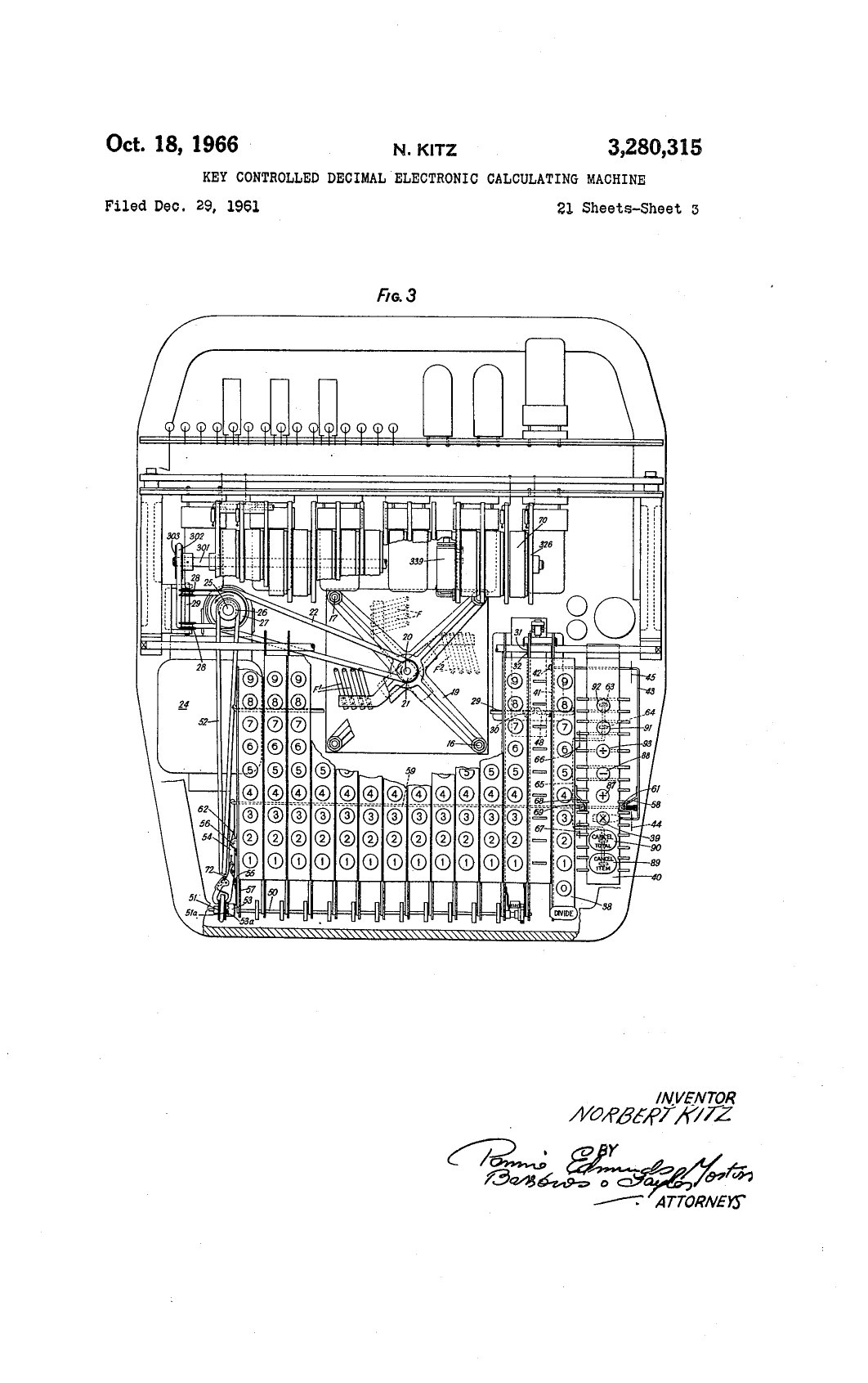 Figure 7 — Fig. 3 of Norbert Kitz's US patent 3,280,315: the layout of the keyboard and electronics of the machine, seen from above.