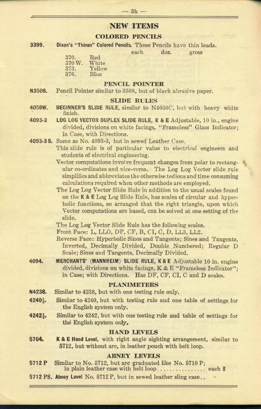 Figure 9 — The 1930 K&E price list, where the 4242½ first appears among the "new items": "similar to 4242, but with one testing rule and table of settings for the English system only".