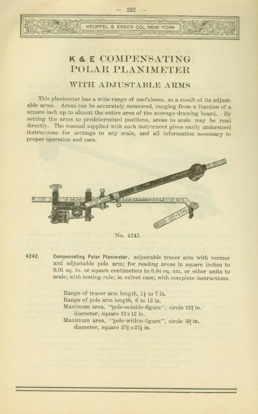 Figure 2 — K&E's 1949 catalogue: compensating polar planimeters with adjustable arms, with the tracer arm range (1½ to 7 in), pole arm range (6 to 13 in) and the largest areas measurable each way.