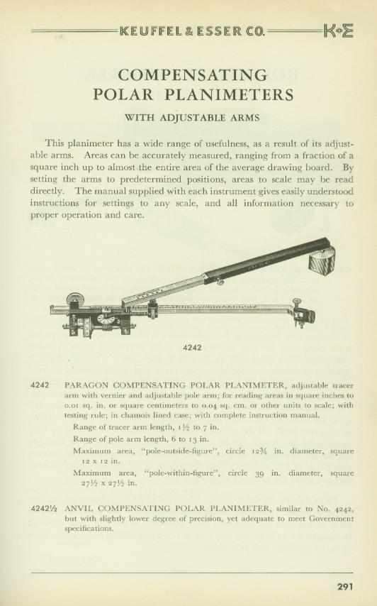 Figure 11 — The 1954 catalogue: the 4242½ reintroduced, "with slightly lower degree of precision, yet adequate to meet Government specifications". My planimeter is probably of this generation.