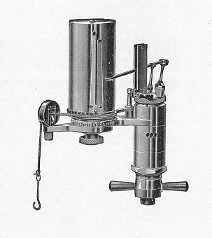 Figure 13 — A steam-engine indicator of 1904. Its pencil drew the cylinder pressure against the stroke, and the planimeter measured the area of the loop.