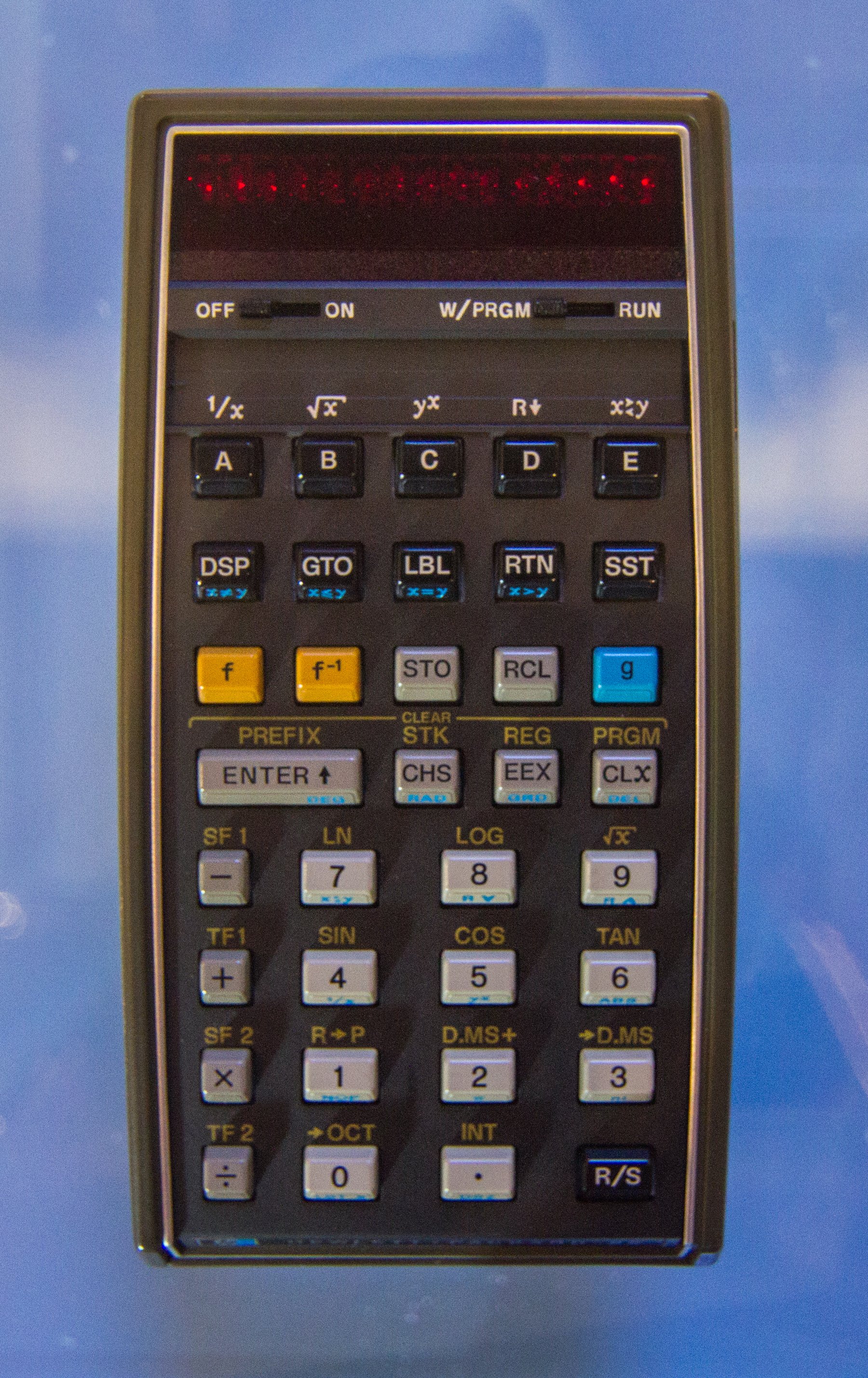 Figure 2 — The Hewlett-Packard HP-65 of 1974, the first handheld calculator that could record its programs on magnetic cards, fed through the slot below the display.