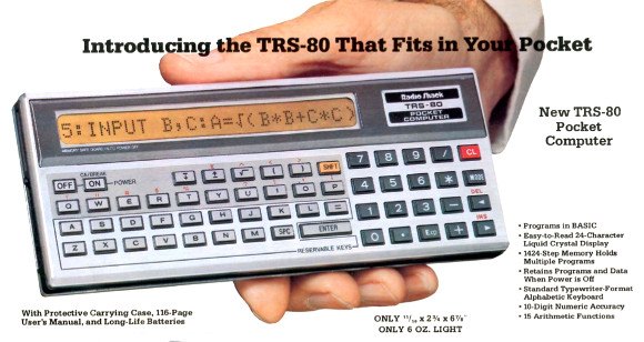 Figure 6 — "Introducing the TRS-80 That Fits in Your Pocket": the Pocket Computer in Radio Shack's 1981 computer catalogue, showing a program line on its display.