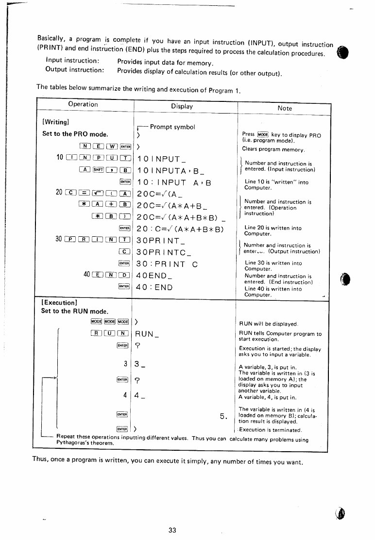 Figure 3 — The owner's manual's table for Program 1: each key pressed in PRO mode, what the display shows, and then the run in RUN mode with 3 and 4 giving 5.