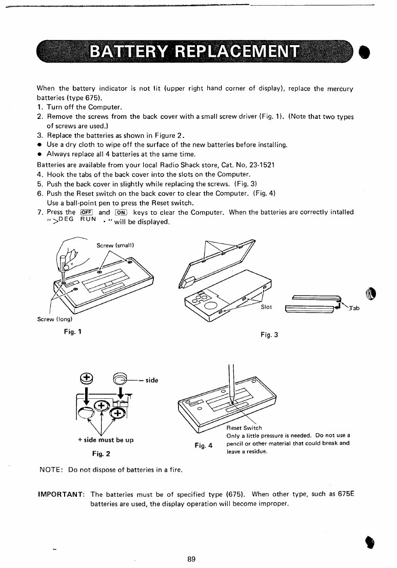 Figure 5 — Radio Shack's instructions for changing the cells: the back-cover screws, the cells positive side up, the tabs and slots, and the reset switch pressed with a ball-point pen.