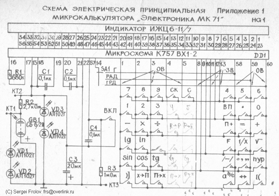 Figure 9 — The factory circuit diagram of the Elektronika MK-71 solar scientific, from its manual: one К757ВХ1-2 chip driving an ИЖЦ6-11/7 liquid-crystal display, with no converter.