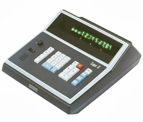 Figure 2 — The Sharp CS-16A Compet of December 1967, the first calculator with a vacuum-fluorescent display: Ise Electronics' DG12B tubes behind the window, MOS integrated circuits inside, and a price of ¥230…