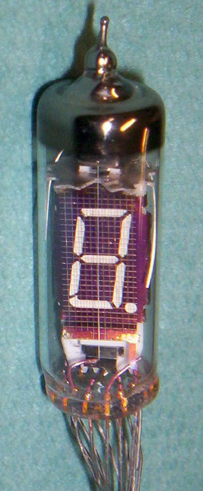 Figure 13 — A Soviet IV-6 single-digit fluorescent tube of 1978, lit, showing the figure through the side of the glass.