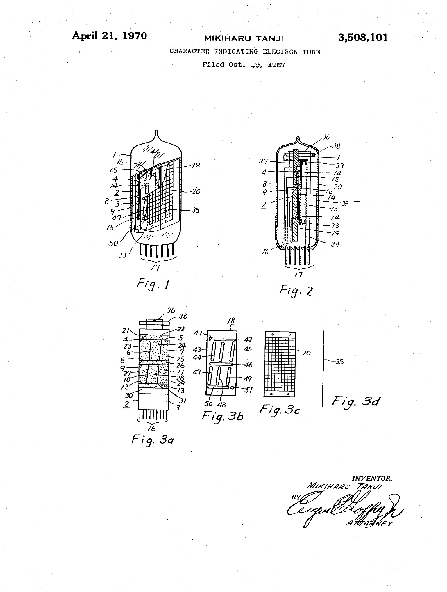 Figure 2 — The drawing sheet of US patent 3,508,101, "Character indicating electron tube", by Mikiharu Tanji of Ise Electronics, filed in October 1967 from a Japanese application of March 1967: the tube in pe…
