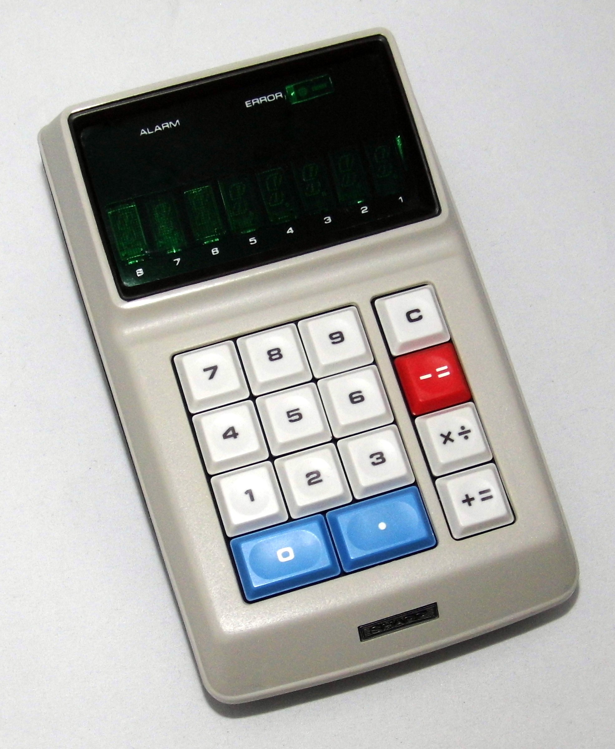 Figure 4 — A Sharp EL-8 of about 1971, with its green Itron tubes behind the window and the combined +=, −= and ×÷ keys of the QT-8D.