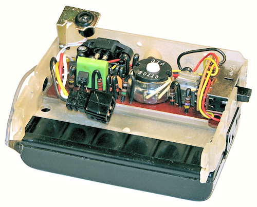 Figure 6 — The DC-DC inverter of a Sharp EL-8M, on its own small board: it makes −25 V for the logic and the display tubes from the six-cell NiCd pack, switching at about 12.5 kHz.
