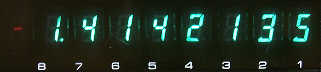 Figure 2 — The nine fluorescent tubes of a Crown CL-80K showing 1.4142135, the square root of 2, with the digit positions numbered beneath.