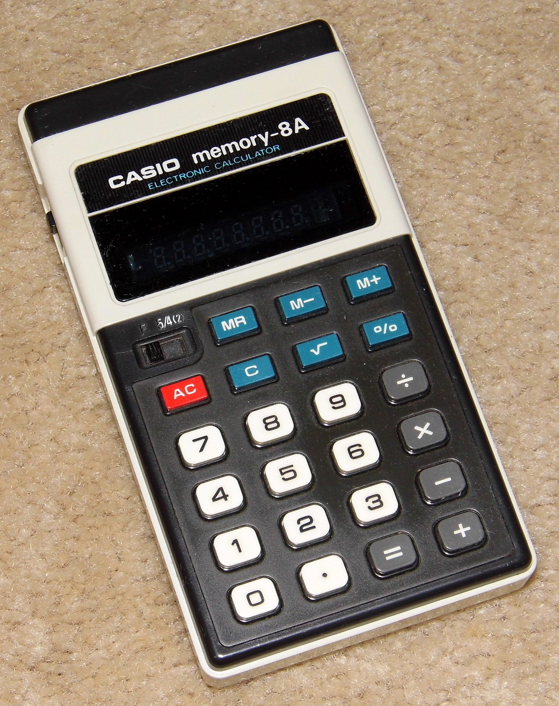 Figure 4 — A Casio Memory-8A of about 1974, with a green fluorescent display: a typical mid-1970s Japanese pocket machine, and easy to find.